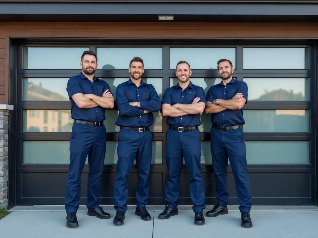 Garage Door South Houston certified professional team standing in front of modern garage with aluminum glass panel doors