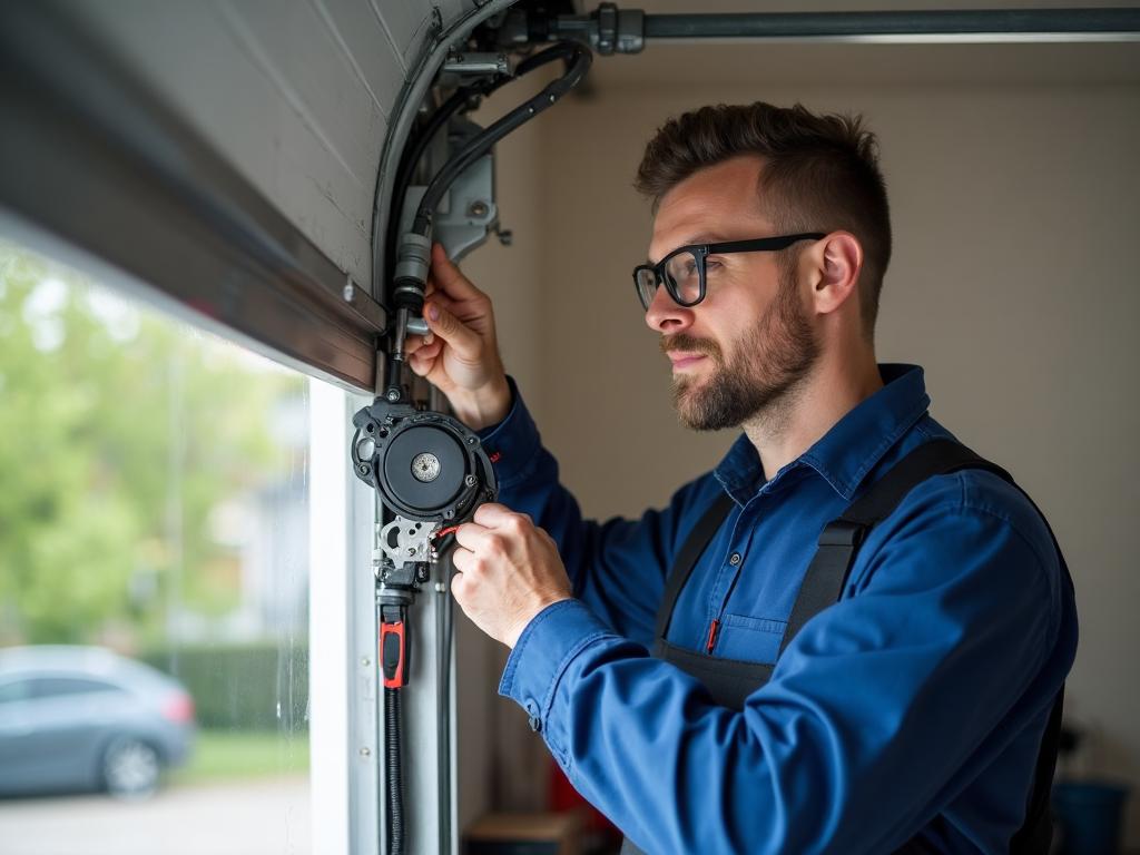 Technician repairing garage door cable drum with professional quality workmanship