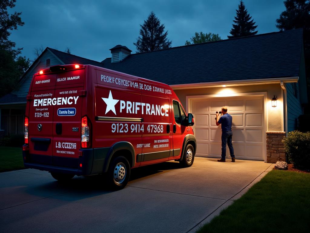 Emergency garage door repair service van with technician providing urgent repairs at night