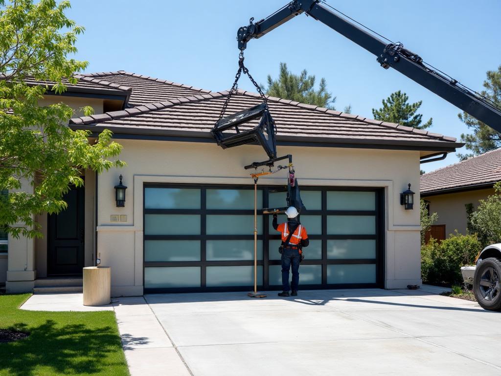 Professional garage door installation with contemporary aluminum doors featuring full glass panels in South Houston