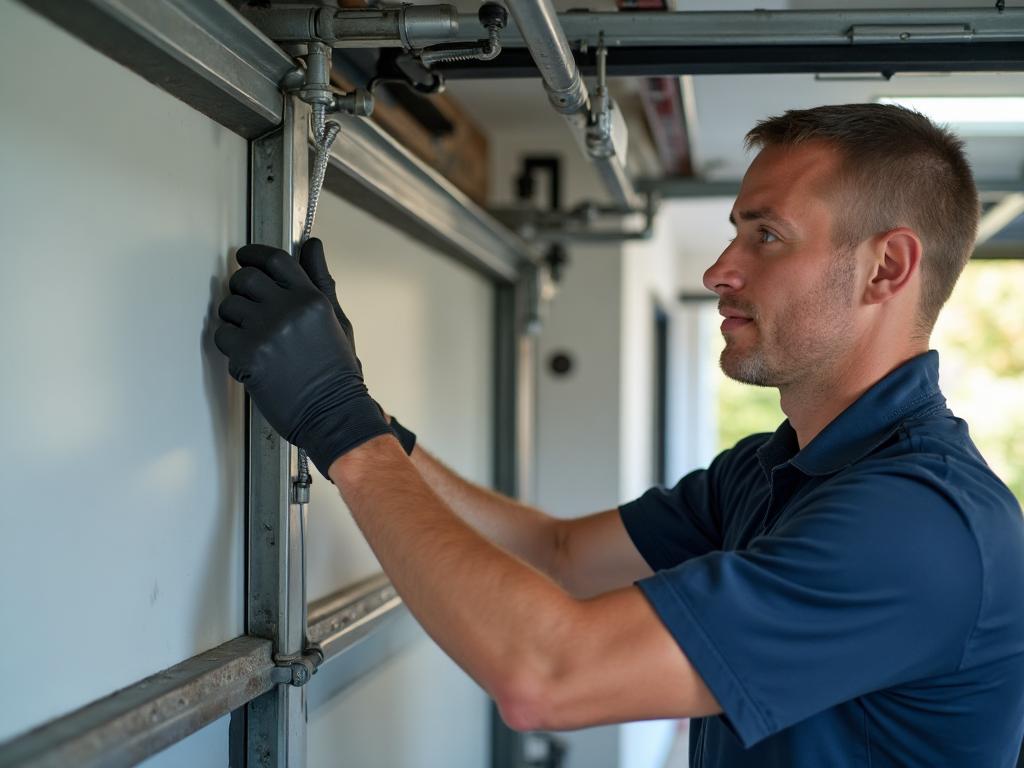 Certified garage door technician performing maintenance and inspection services